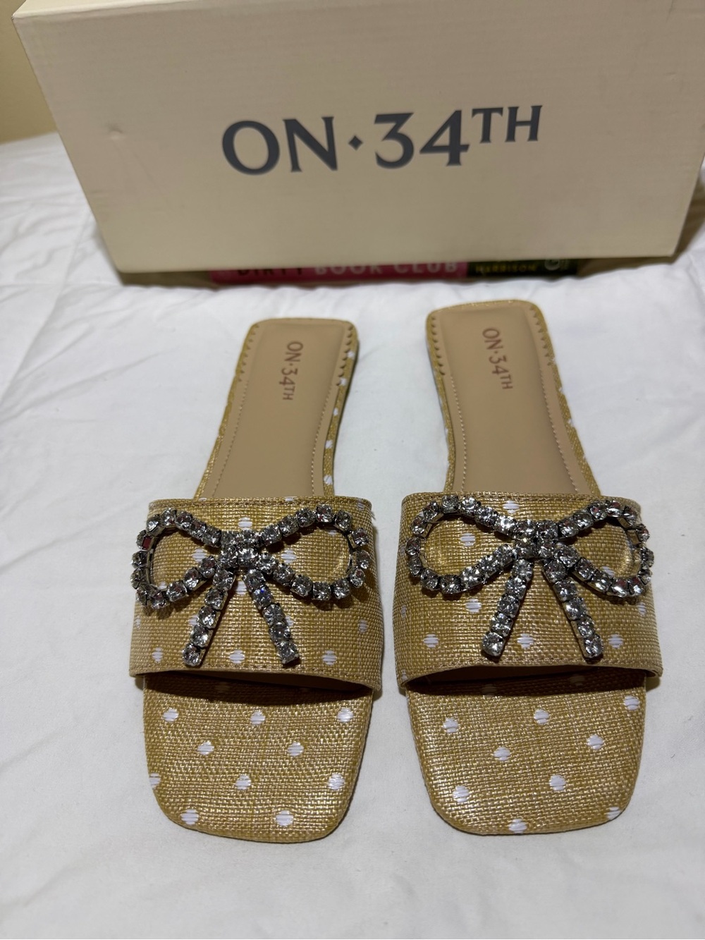 ON34TH Beige Polka Dot Slide Sandals with Crystal Bow